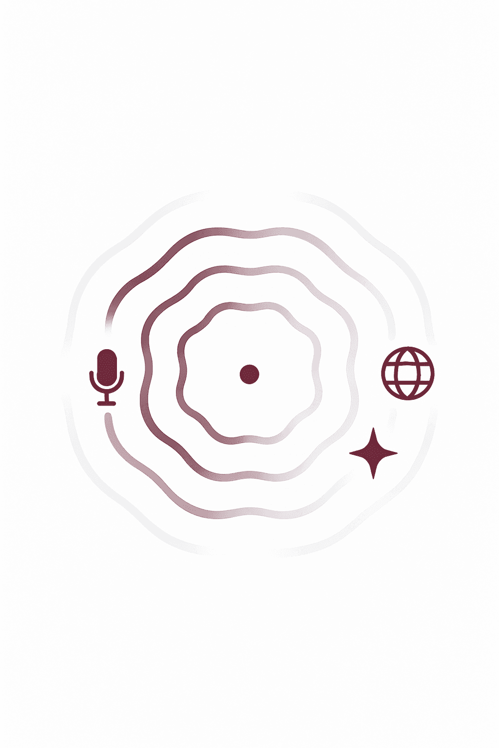 Abstract design with concentric circles, microphone, globe, and star icons on a white background.